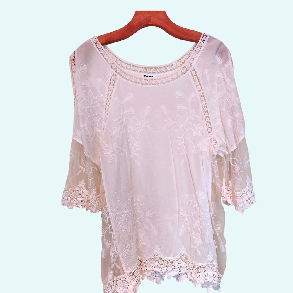 Kindred White Embroidered Lace Blouse Crochet Trim Floral Mesh Sleeve Top Medium